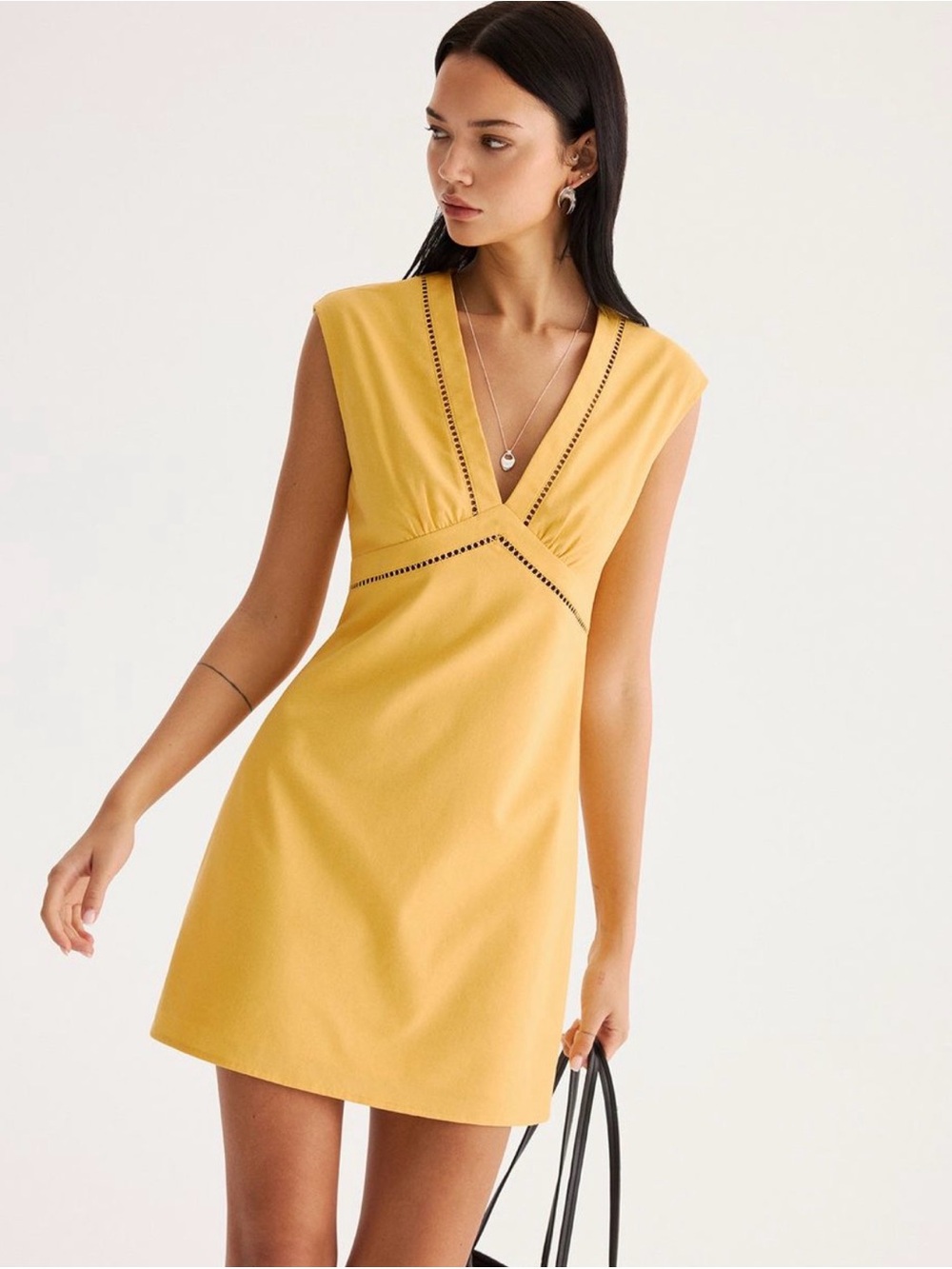 Commense V-Neck Mini Dress in Yellow with Eyelet Trim